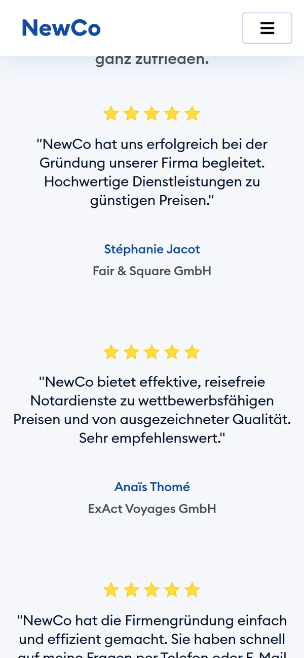 newco.ch auf dem Smartphone: Inhalte