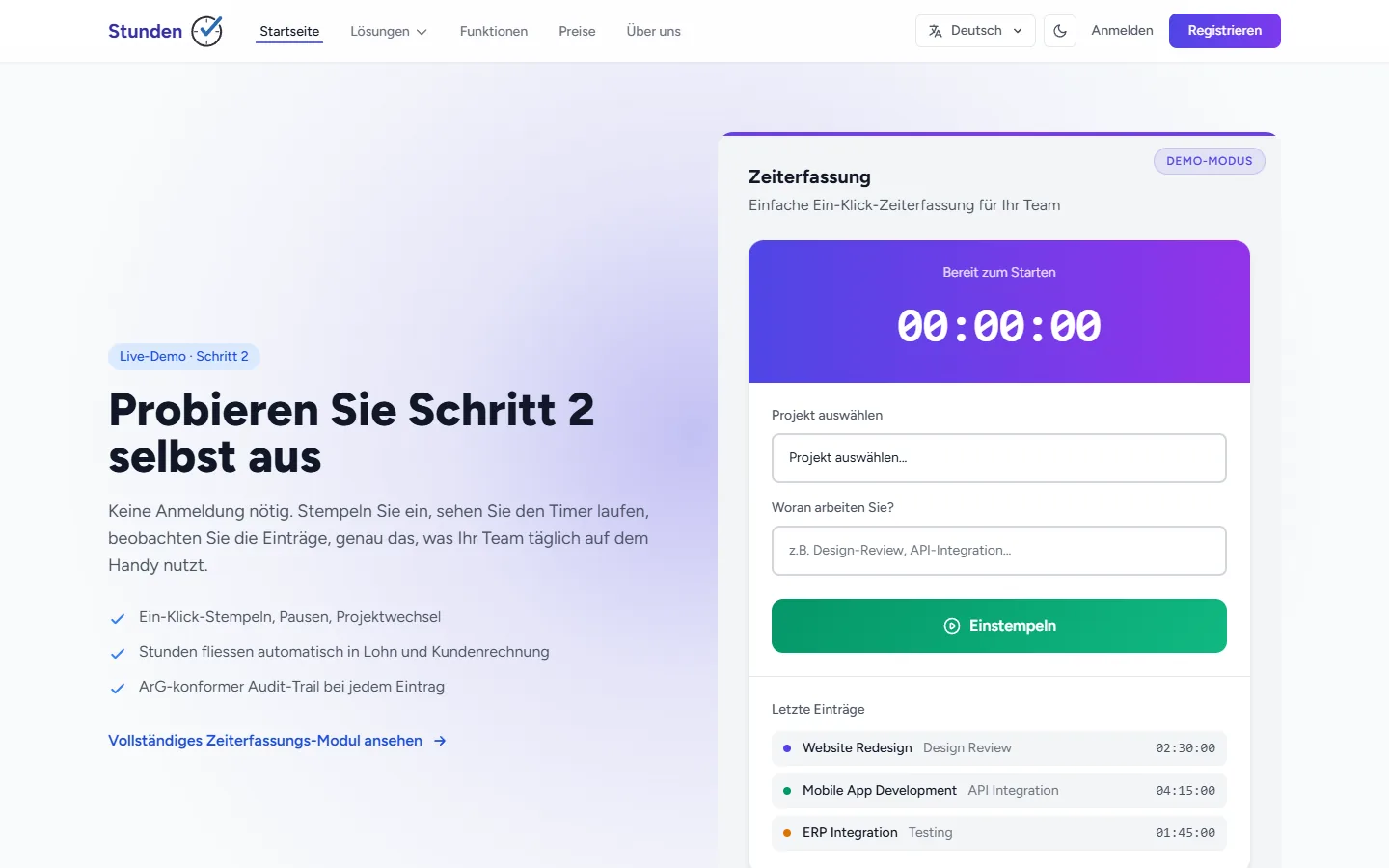 stunden.ch: Abschnitt der Produkt-Website