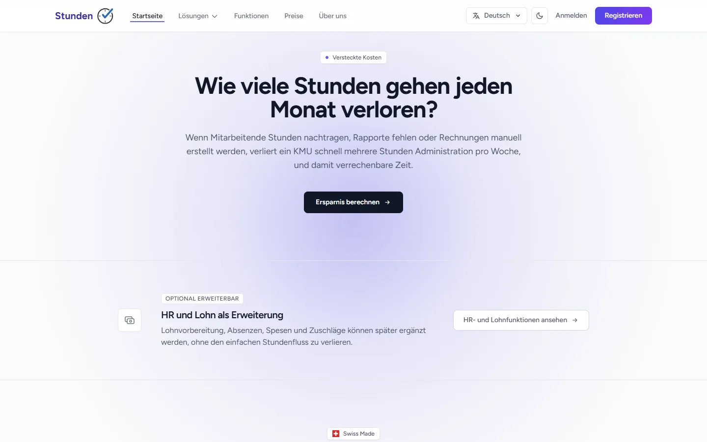 stunden.ch: Inhalte weiter unten auf der Produkt-Website